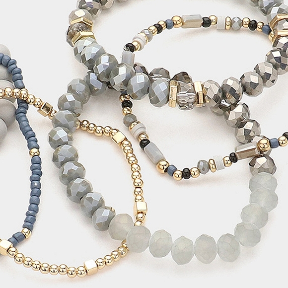 Gray Wood Ball Beaded 6 Piece Stacked MultiLayered Stretch Bracelets Gold - Picture 4 of 5